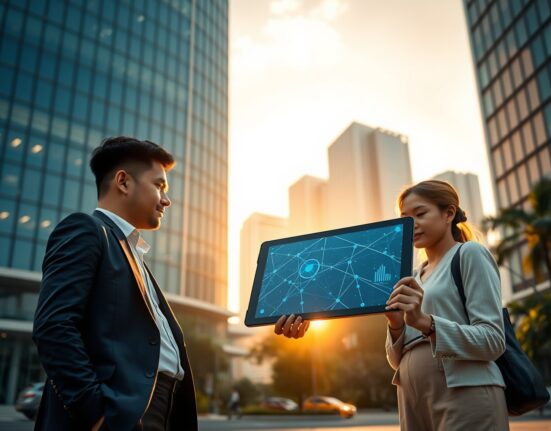 Small business owners in Southeast Asia review blockchain data on a tablet in a modern financial district