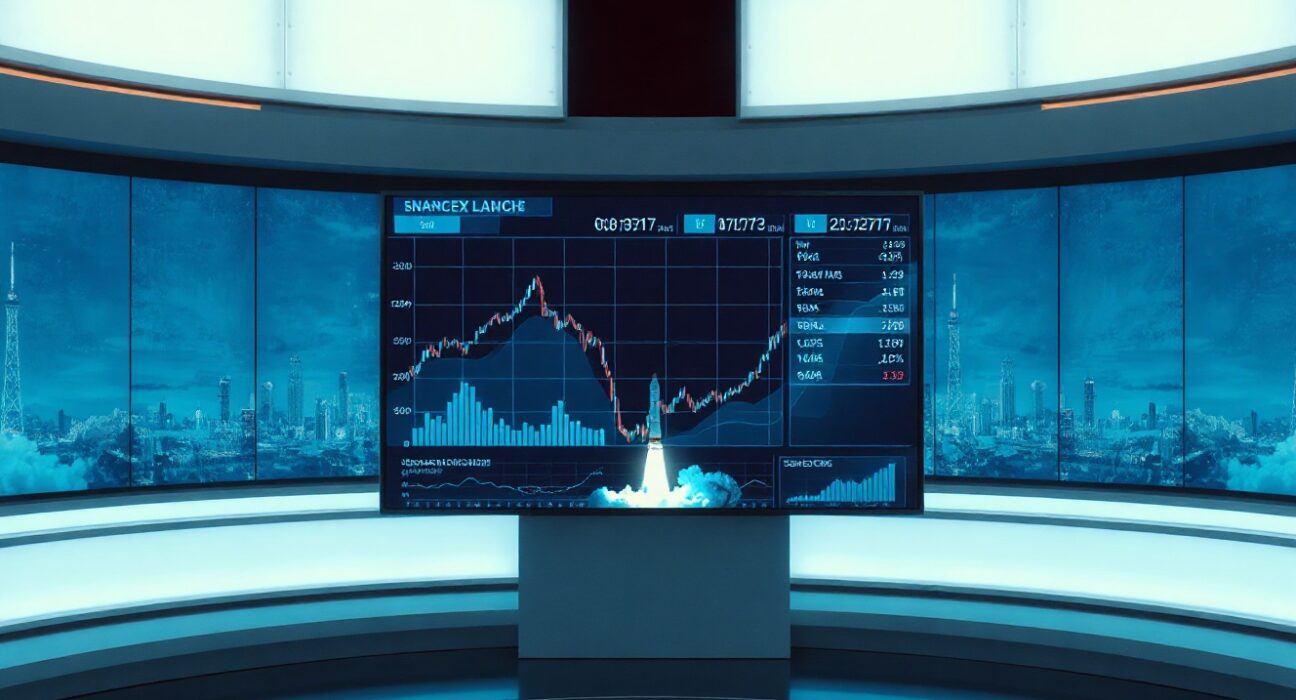 News studio with financial charts and SpaceX launch imagery on a large screen