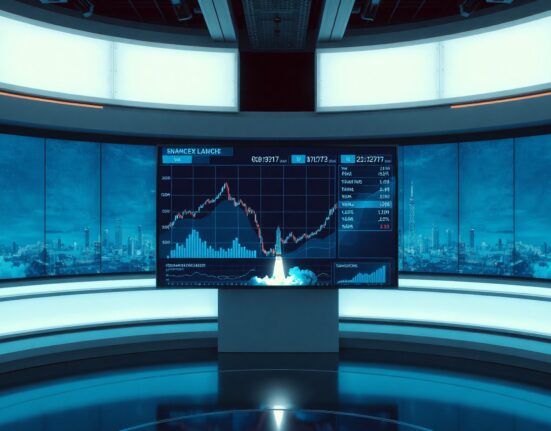 News studio with financial charts and SpaceX launch imagery on a large screen