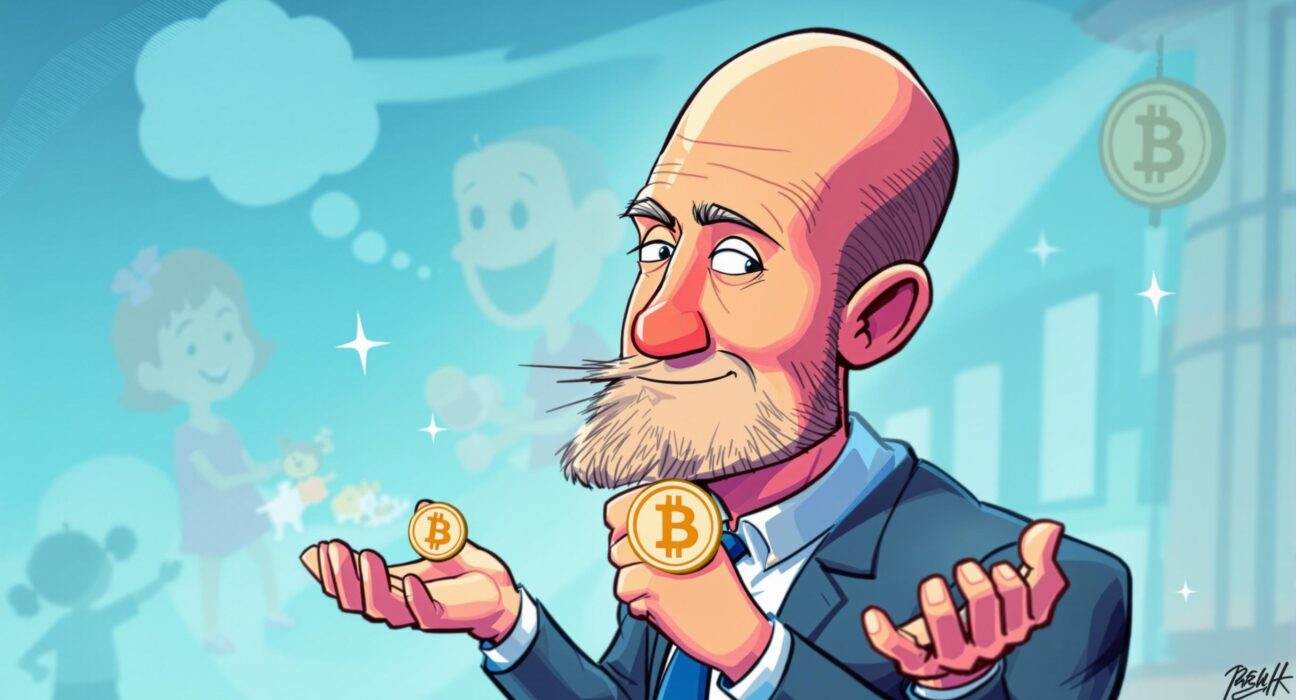 A cartoon illustration of Jim Cramer thoughtfully holding Bitcoin and Ether symbols, representing his surprising Jim Cramer Bitcoin investment strategy for his children's future.