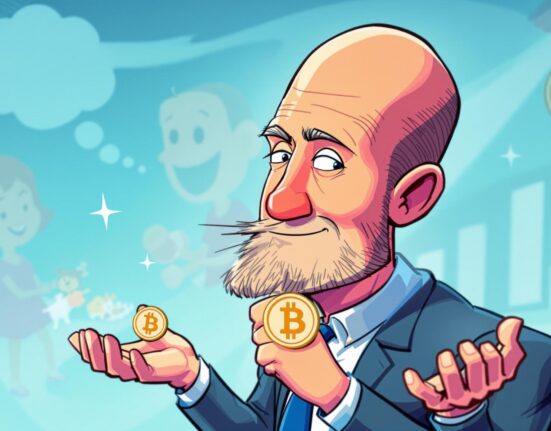 A cartoon illustration of Jim Cramer thoughtfully holding Bitcoin and Ether symbols, representing his surprising Jim Cramer Bitcoin investment strategy for his children's future.