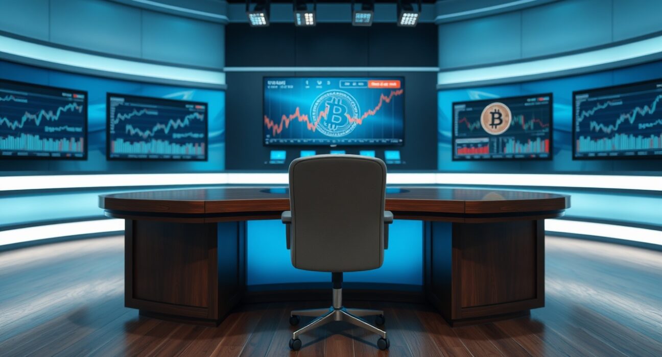 News studio set with financial monitors and Bitcoin logo, representing Jim Cramer's reconsideration of Bitcoin support.