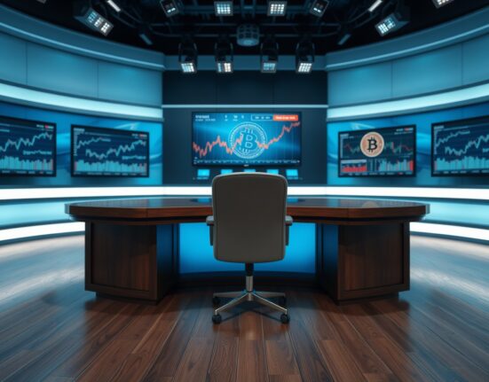 News studio set with financial monitors and Bitcoin logo, representing Jim Cramer's reconsideration of Bitcoin support.