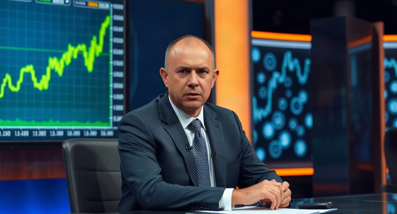 Jim Cramer on a financial news set with a Bitcoin chart rising in the background