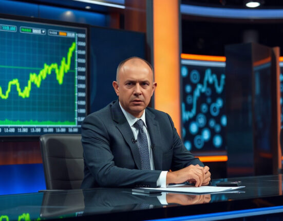 Jim Cramer on a financial news set with a Bitcoin chart rising in the background