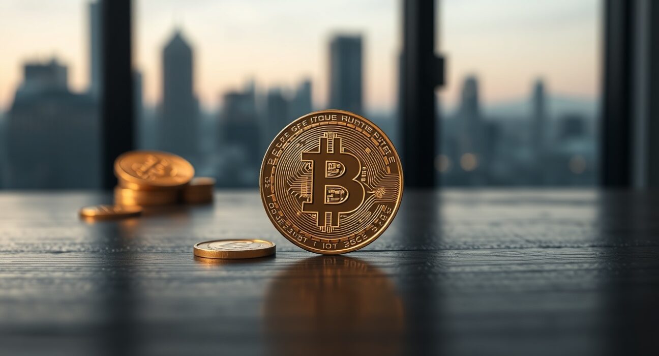 Bitcoin coin on a dark wooden surface with soft lighting, representing cryptocurrency and monetary philosophy.