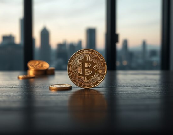 Bitcoin coin on a dark wooden surface with soft lighting, representing cryptocurrency and monetary philosophy.