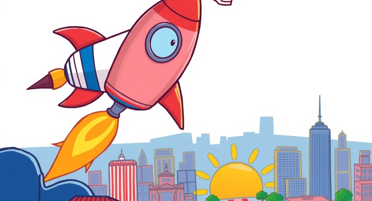 A hopeful cartoon rocket symbolizing the Jito Foundation returns to US amid a brighter regulatory landscape.