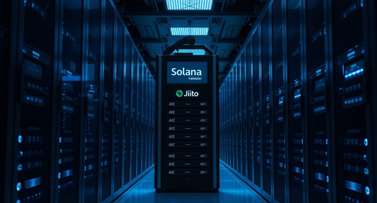 Interior of a modern data center with server racks for blockchain staking infrastructure in Asia-Pacific.