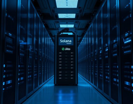 Interior of a modern data center with server racks for blockchain staking infrastructure in Asia-Pacific.