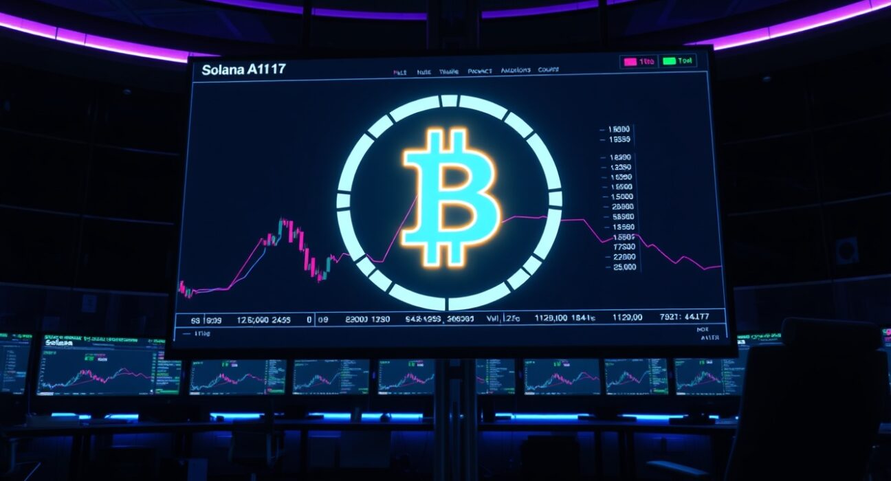 Jito Labs JTX self-custody trading platform interface with Solana blockchain symbol on a monitor in a modern trading room.
