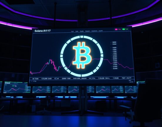 Jito Labs JTX self-custody trading platform interface with Solana blockchain symbol on a monitor in a modern trading room.