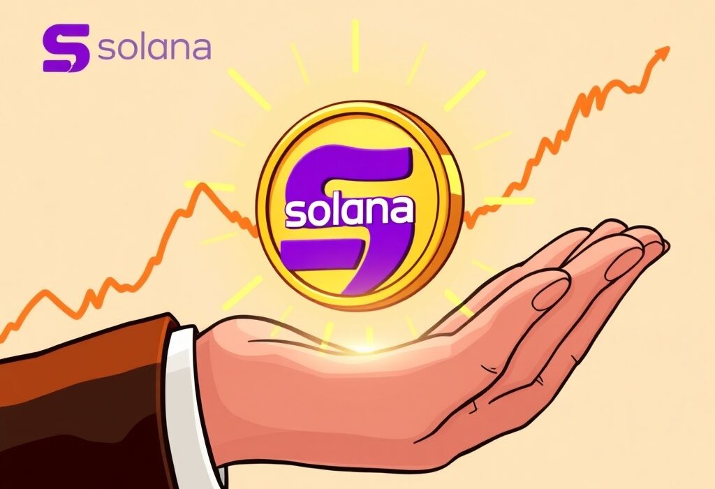 Cartoon illustration showing a JitoSOL ETF coin emerging from a financial graph, representing new Solana investment opportunities.