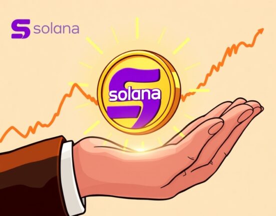 Cartoon illustration showing a JitoSOL ETF coin emerging from a financial graph, representing new Solana investment opportunities.