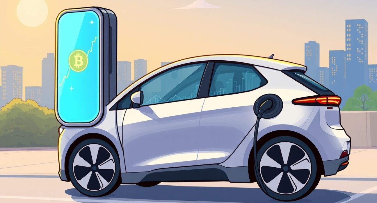 A cartoon illustration of an electric vehicle charging, symbolizing Jiuzi Holdings' move into Bitcoin investment.