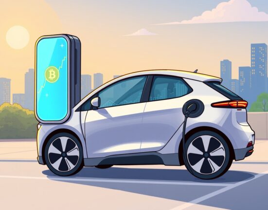 A cartoon illustration of an electric vehicle charging, symbolizing Jiuzi Holdings' move into Bitcoin investment.