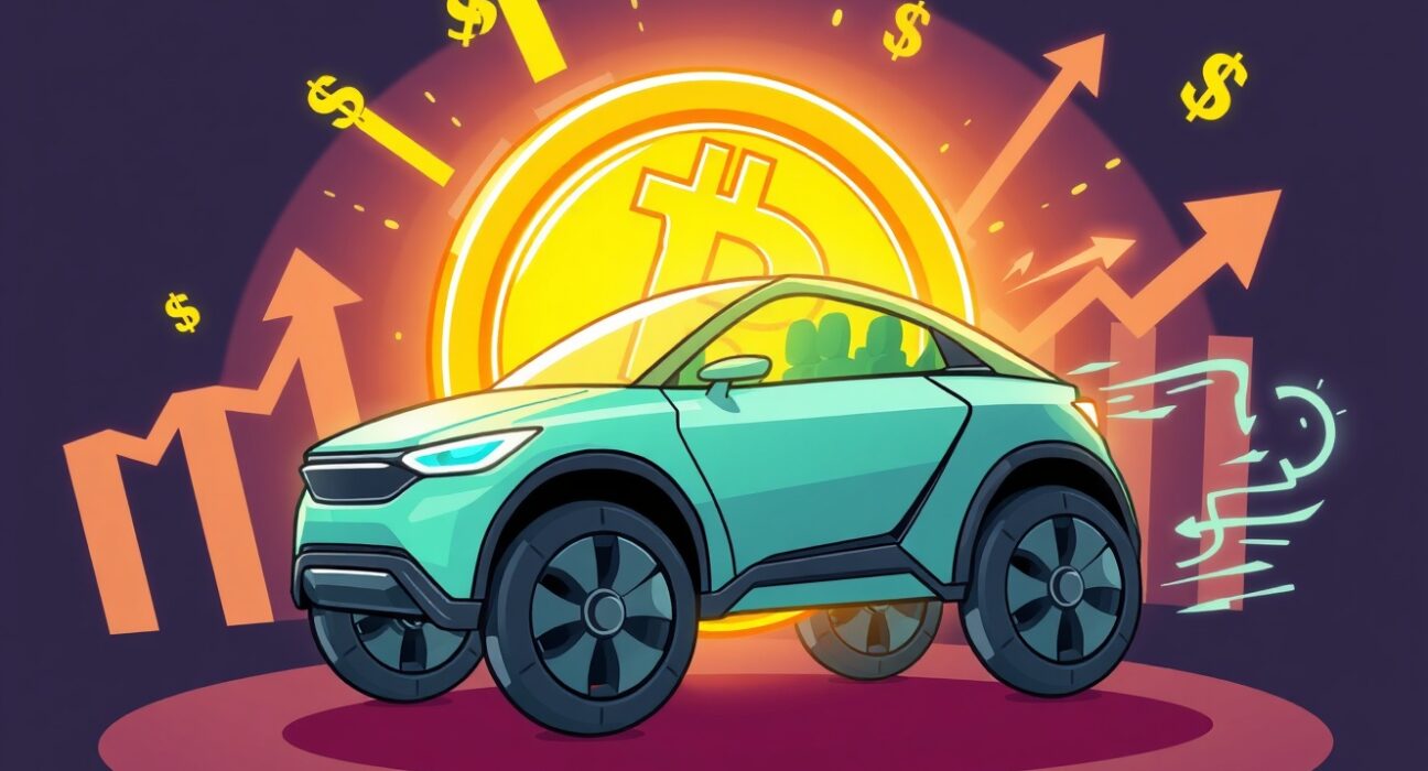 Cartoon of an electric vehicle transforming into crypto coins, symbolizing Jiuzi Holdings cryptocurrency business pivot.