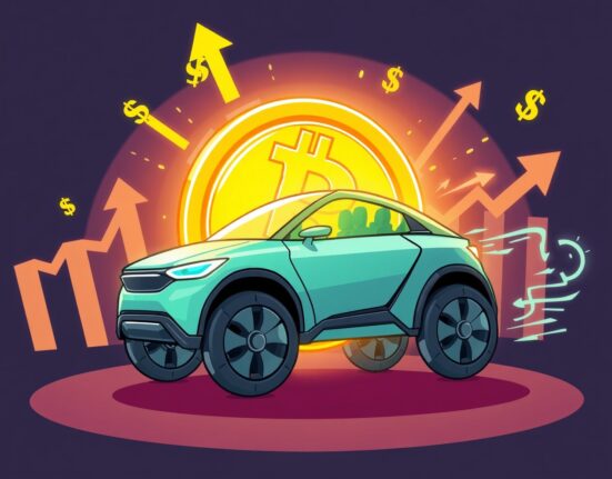 Cartoon of an electric vehicle transforming into crypto coins, symbolizing Jiuzi Holdings cryptocurrency business pivot.