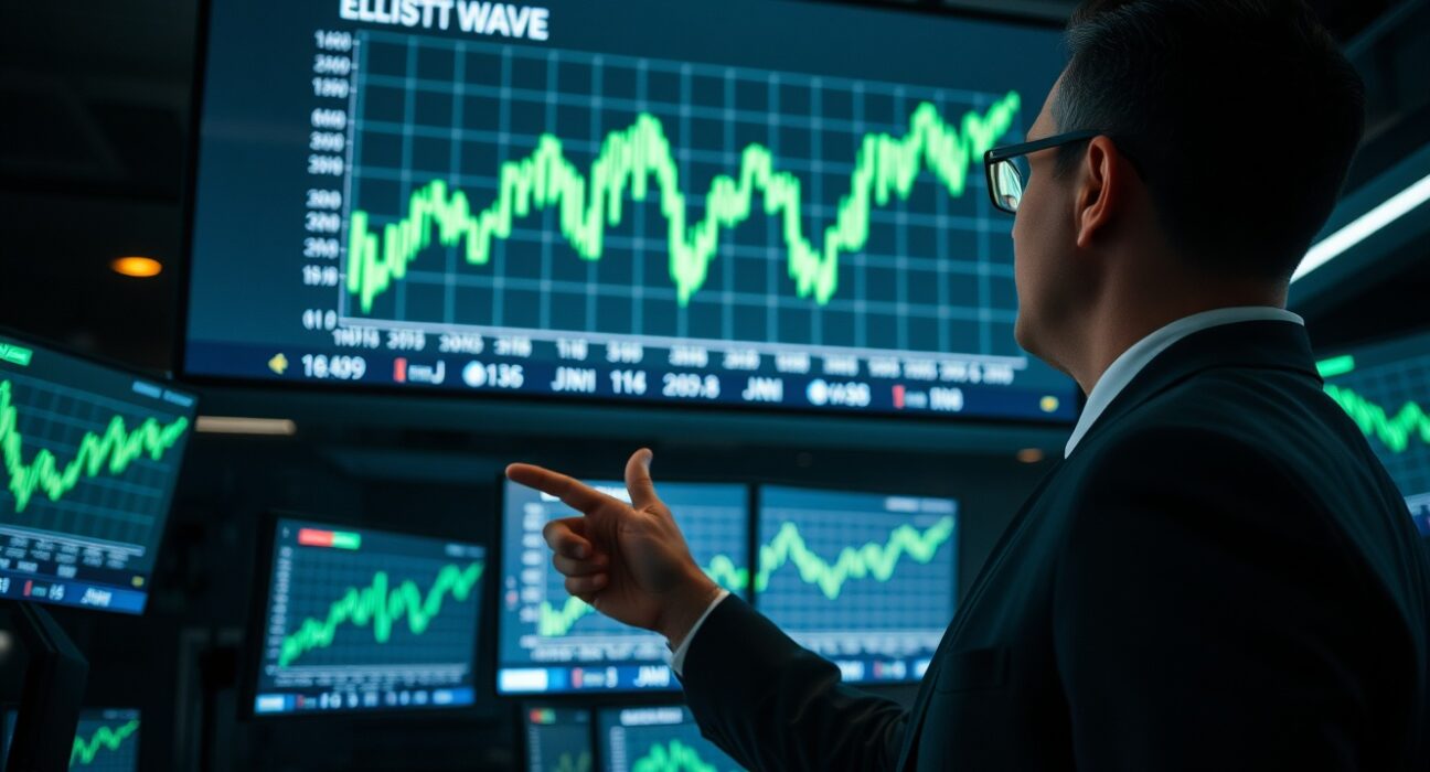 Financial analyst pointing at a bullish Elliott Wave chart pattern for JNJ stock on a trading floor display