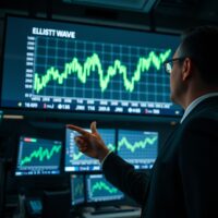 Financial analyst pointing at a bullish Elliott Wave chart pattern for JNJ stock on a trading floor display