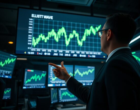 Financial analyst pointing at a bullish Elliott Wave chart pattern for JNJ stock on a trading floor display