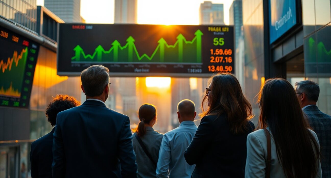 Financial district skyline with stock ticker showing gains, reflecting a broadening market rally