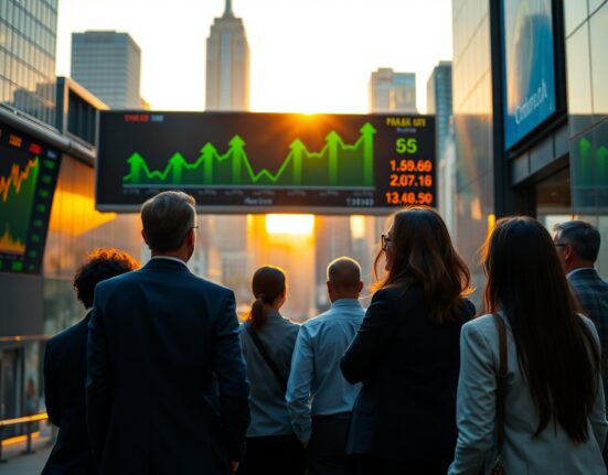 Financial district skyline with stock ticker showing gains, reflecting a broadening market rally