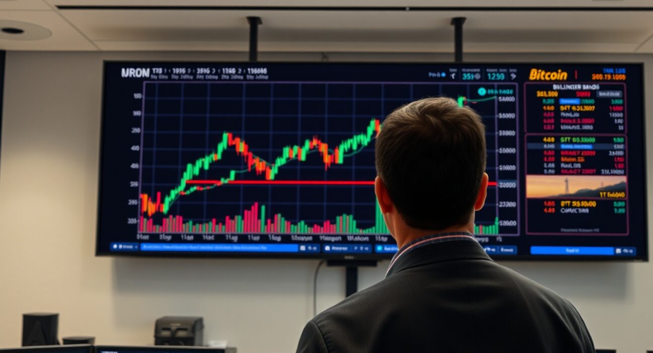 Analyst viewing Bitcoin chart with Bollinger Bands showing bullish trend