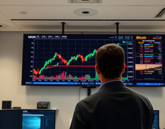 Analyst viewing Bitcoin chart with Bollinger Bands showing bullish trend
