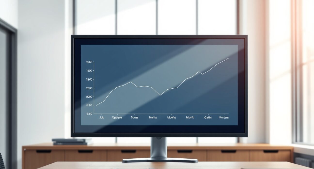 A downward trending graph of US JOLTS job openings data displayed on an office screen.
