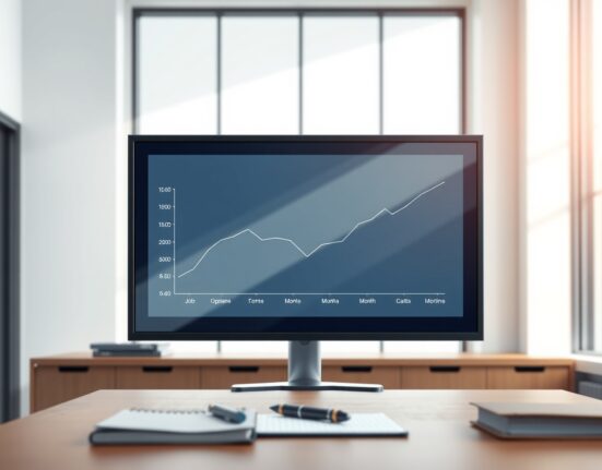 A downward trending graph of US JOLTS job openings data displayed on an office screen.