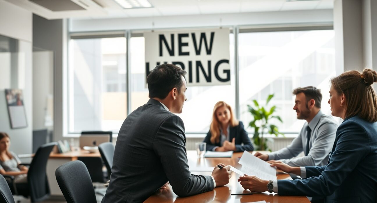Professionals in an office setting reviewing resumes, representing a strong US labor market.