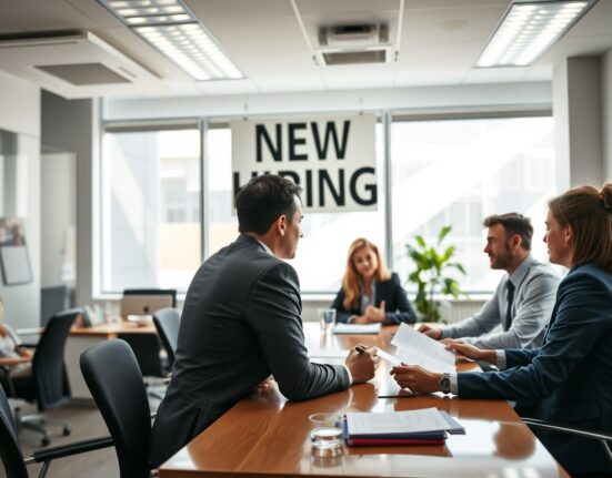 Professionals in an office setting reviewing resumes, representing a strong US labor market.
