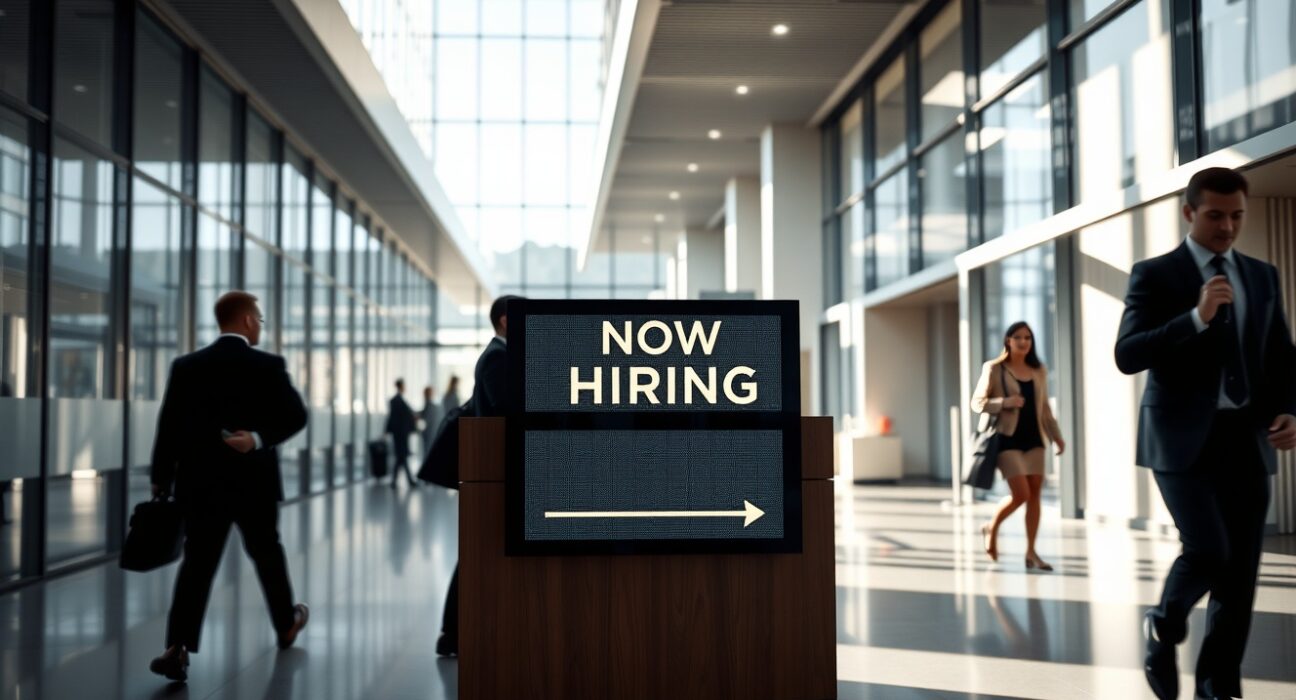 Professional office lobby with a 'Now Hiring' sign and a downward arrow icon, representing a cooling labor market.