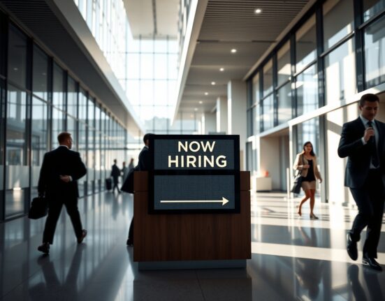 Professional office lobby with a 'Now Hiring' sign and a downward arrow icon, representing a cooling labor market.