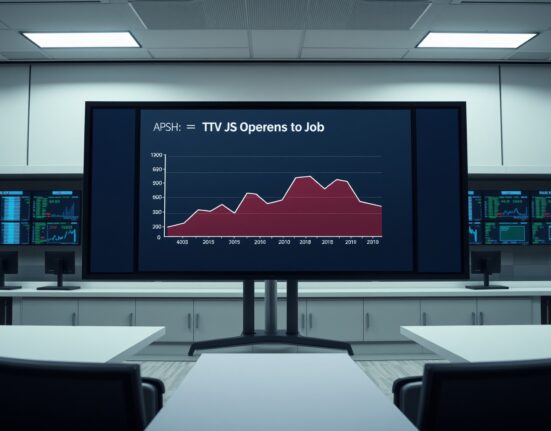 Digital display showing a downward trend in JOLTS job openings data in a newsroom setting