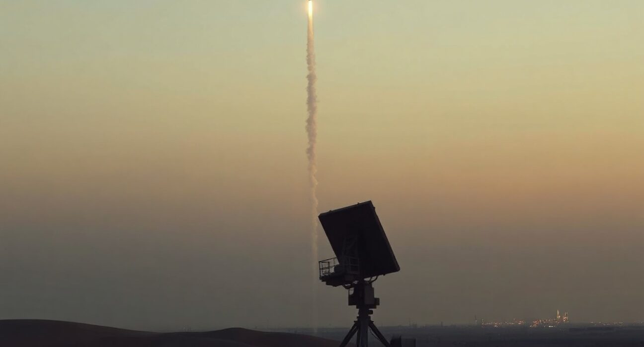 Military radar installation in desert at dusk with interceptor missile trail visible in sky