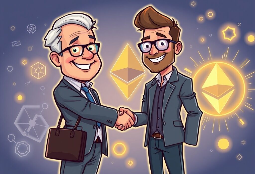 A cartoon illustration depicting Joseph Chalom, a former BlackRock strategist, joining SharpLink, symbolizing a strategic collaboration between traditional finance and the crypto world.