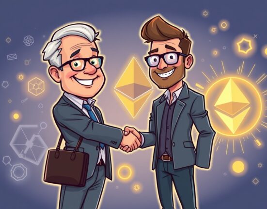 A cartoon illustration depicting Joseph Chalom, a former BlackRock strategist, joining SharpLink, symbolizing a strategic collaboration between traditional finance and the crypto world.