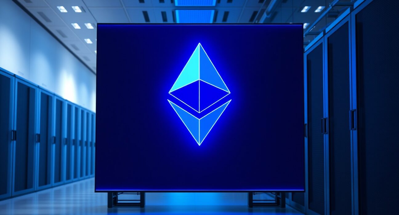 Ethereum logo displayed on a screen in a modern data center, representing a major cryptocurrency transfer.