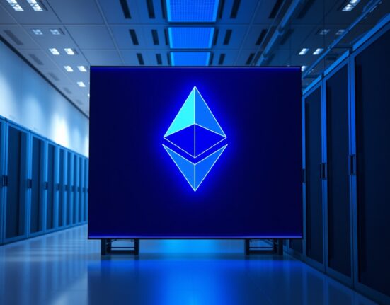 Ethereum logo displayed on a screen in a modern data center, representing a major cryptocurrency transfer.