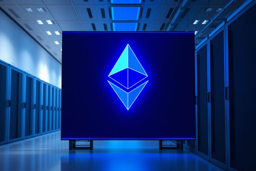 Ethereum logo displayed on a screen in a modern data center, representing a major cryptocurrency transfer.