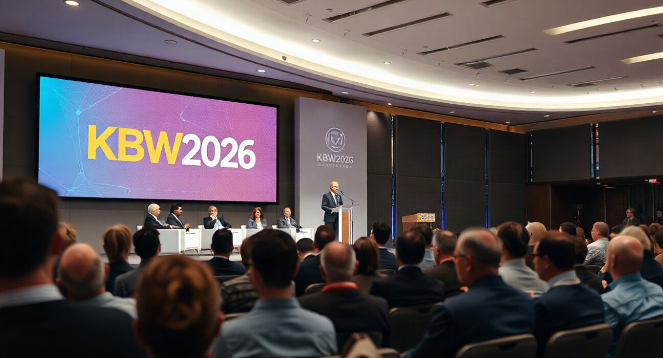 Joseph Lubin speaking on stage at KBW2026 conference with Upbit branding in background