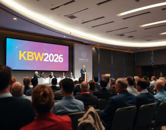 Joseph Lubin speaking on stage at KBW2026 conference with Upbit branding in background