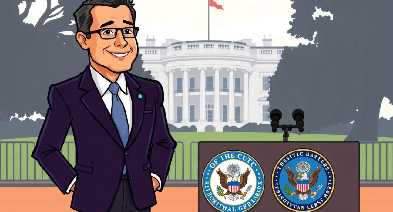 A cartoon illustration showing Josh Sterling as a strong candidate for Josh Sterling CFTC chair, symbolizing regulatory influence.
