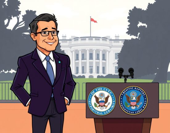 A cartoon illustration showing Josh Sterling as a strong candidate for Josh Sterling CFTC chair, symbolizing regulatory influence.
