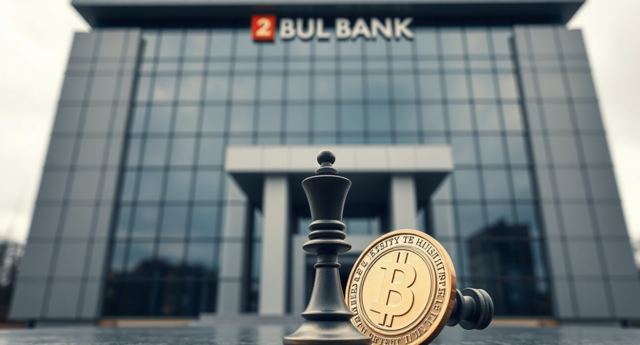 Modern financial building exterior representing Coinbase or crypto exchange, with chess pawn and coin in foreground symbolizing strategic deal