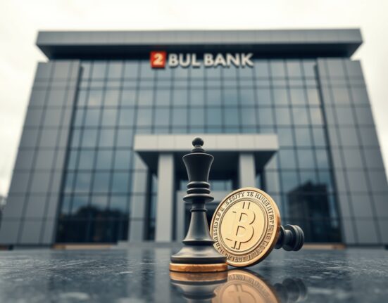 Modern financial building exterior representing Coinbase or crypto exchange, with chess pawn and coin in foreground symbolizing strategic deal
