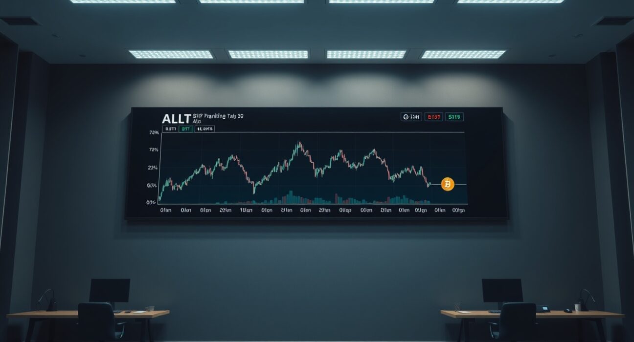 A digital chart showing altcoin performance declining relative to Bitcoin in a modern newsroom setting.
