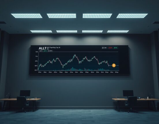 A digital chart showing altcoin performance declining relative to Bitcoin in a modern newsroom setting.